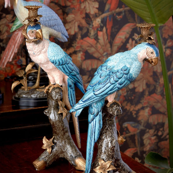 Set of 2 Parrot Candle Holder, Blue + Pink