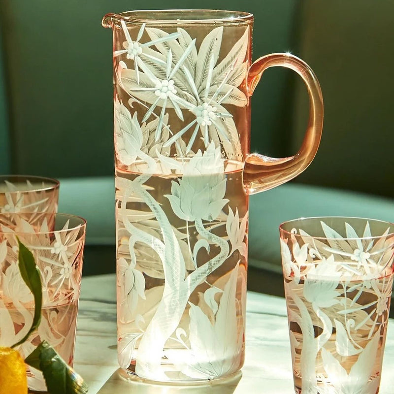 Jungle Deco Pitcher with Four Tall Tumblers Salmon