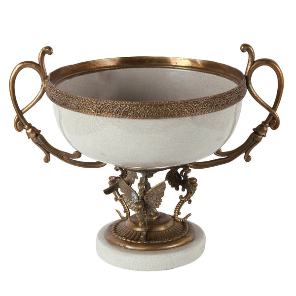 Bowl with Bronze Handles in White Crackle Finish