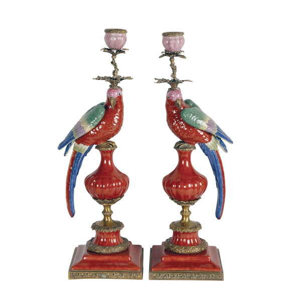 Candle Holder with Parrots in Red