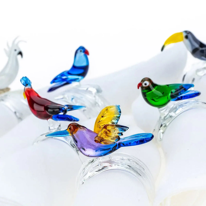 Set of 6 Tropical Birds Colored Glass Napkin Rings