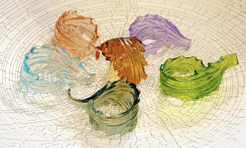 Murano Multicolor Leaves Glass Napkins Rings S/6