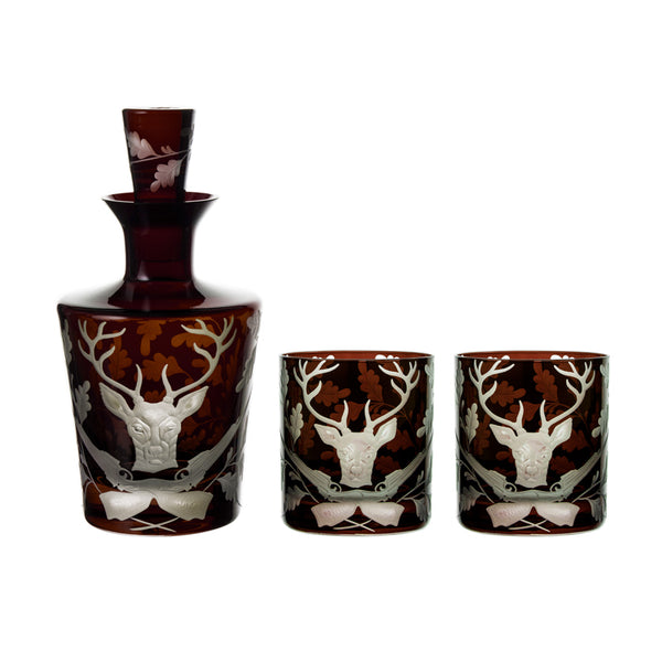 Forest Folly Stag Barware Set of 3: Double Old Fashioned Pair & Decanter