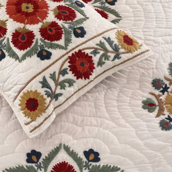 Suzani Bliss Ivory Multi Cotton Quilted Bedspread